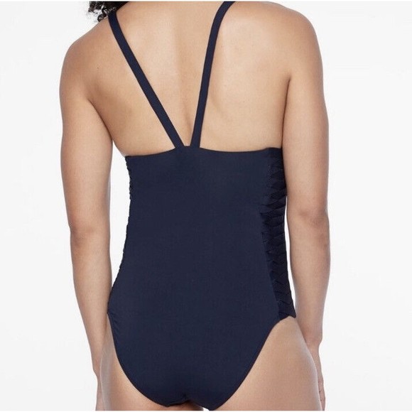 Athleta Adriata Womens Sz S One Piece Swimsuit Navy Blue Woven Panel Round Neck - Picture 2 of 15